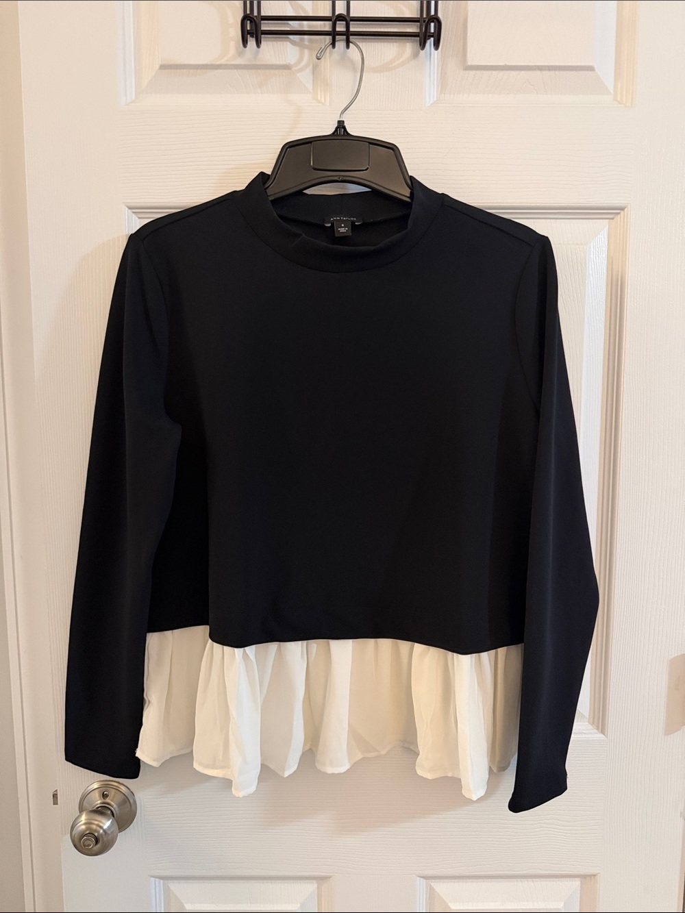 Ann Taylor Mock-Neck mixed Media Shirt with Chiffon Hem - Black & White
